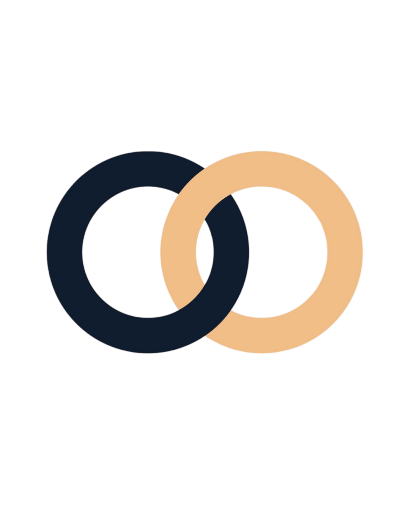 Zwei ineinandergreifende Ringe, dunkelblau und beige, Symbol für Verbindung.
